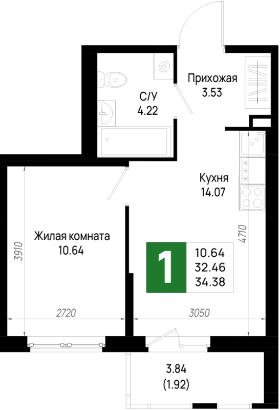1 ккв 34,4 м²