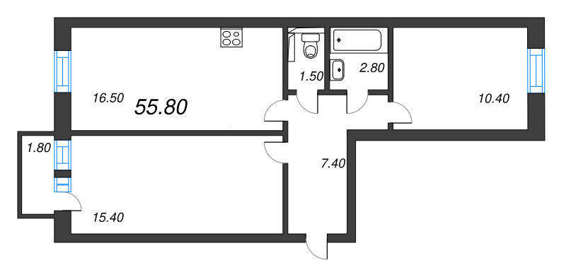 3 ккв (Евро) 54,5 м²