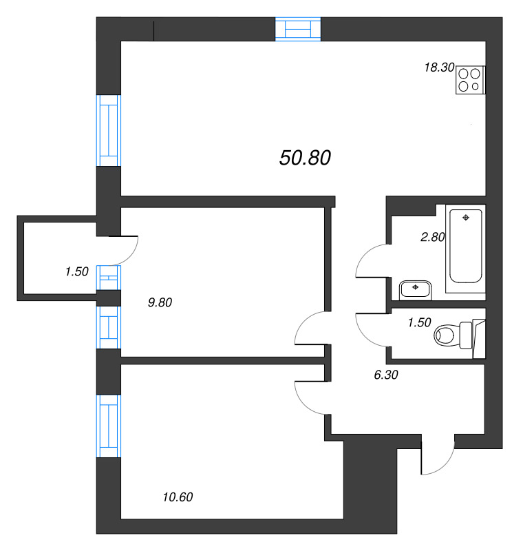 3 ккв (Евро) 49,8 м²