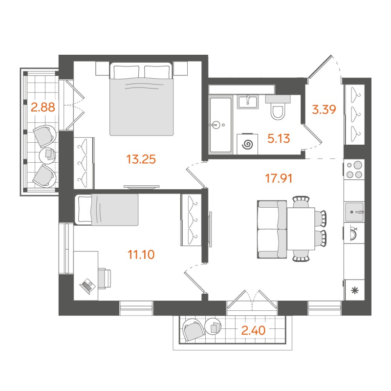2 ккв (Евро) 52,1 м²