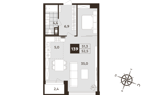 Студия 51,3 м²