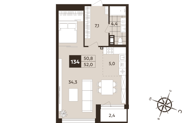 Студия 50,8 м²