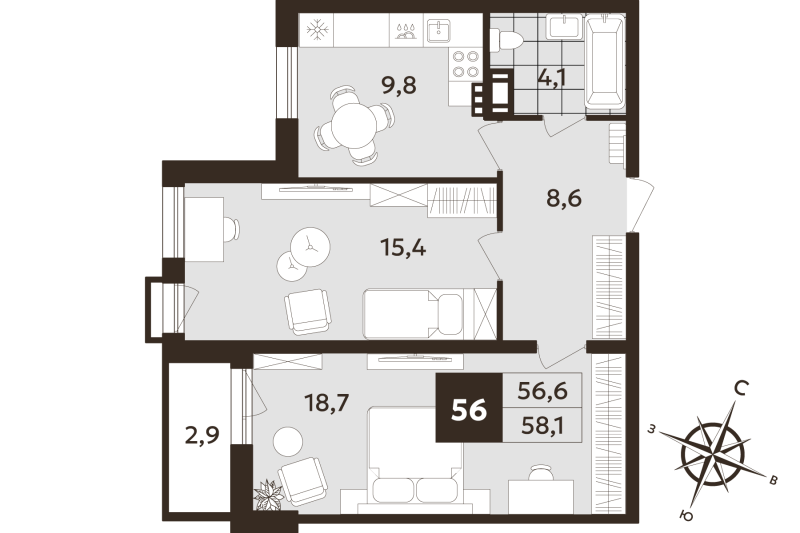2 ккв 56,6 м²