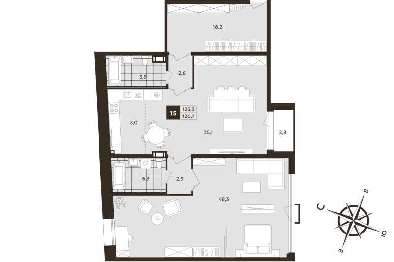 2 ккв (Евро) 125,3 м²
