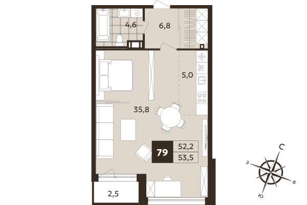 Студия 52,2 м²