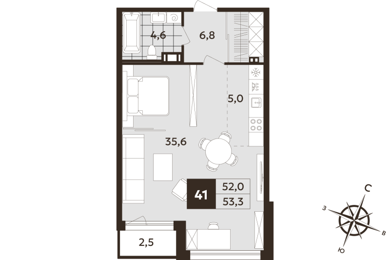 Студия 52 м²