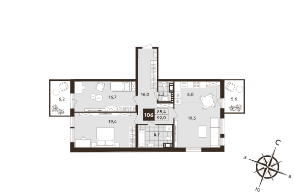 3 ккв (Евро) 88,4 м²