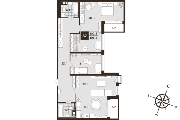 3 ккв (Евро) 102,8 м²