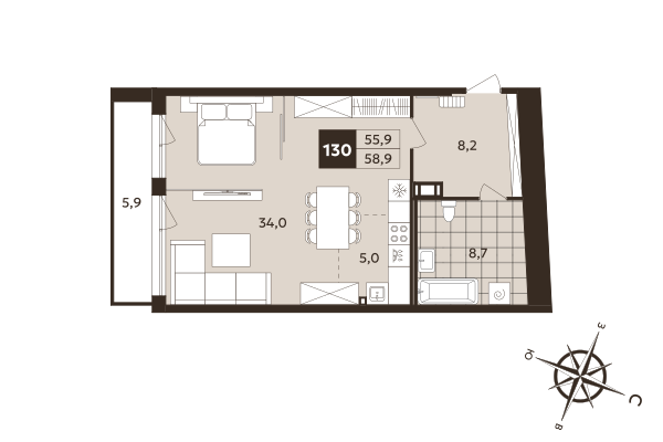 Студия 55,9 м²