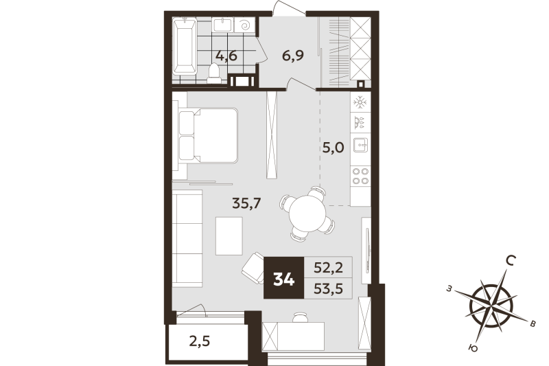 Студия 52,2 м²