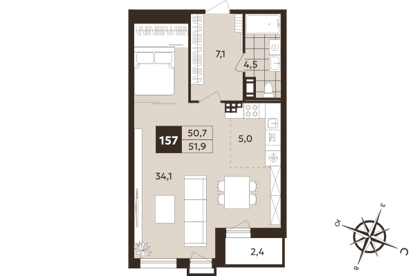 Студия 50,7 м²