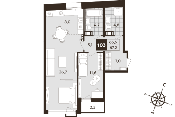 2 ккв (Евро) 65,9 м²