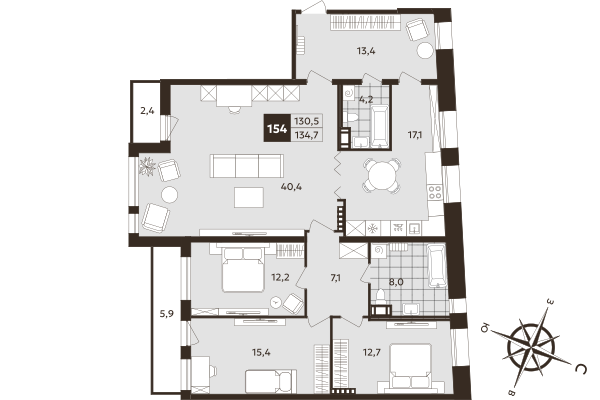 4 ккв (Евро) 130,5 м²