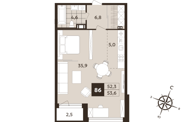Студия 52,3 м²
