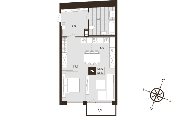 Студия 54,5 м²