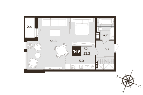 Студия 52,1 м²