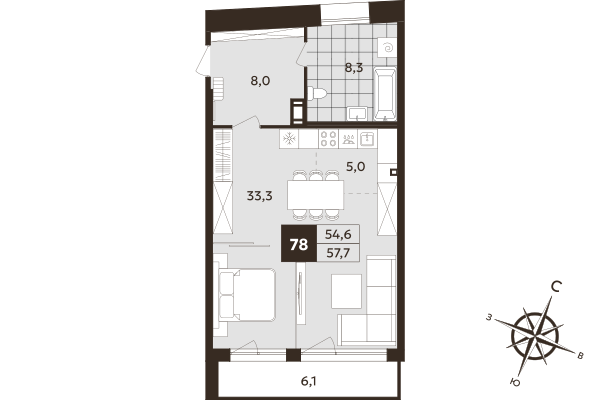 Студия 54,6 м²