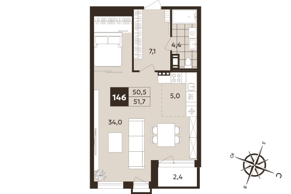 Студия 50,5 м²
