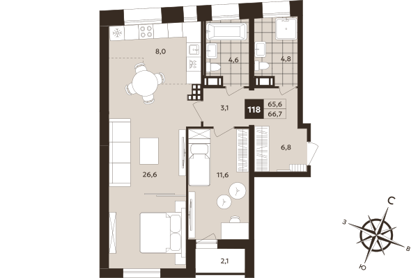 2 ккв (Евро) 65,6 м²