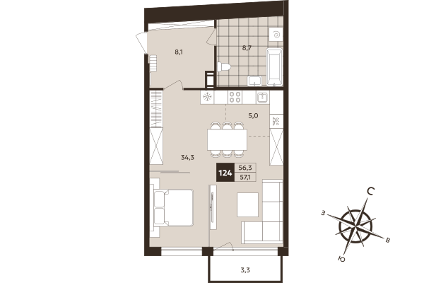 Студия 56,1 м²