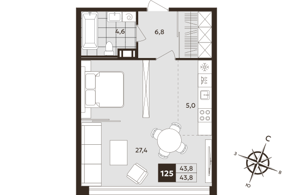 Студия 43,8 м²