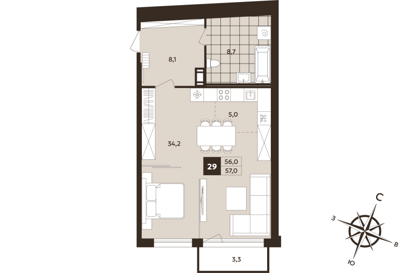 Студия 56 м²