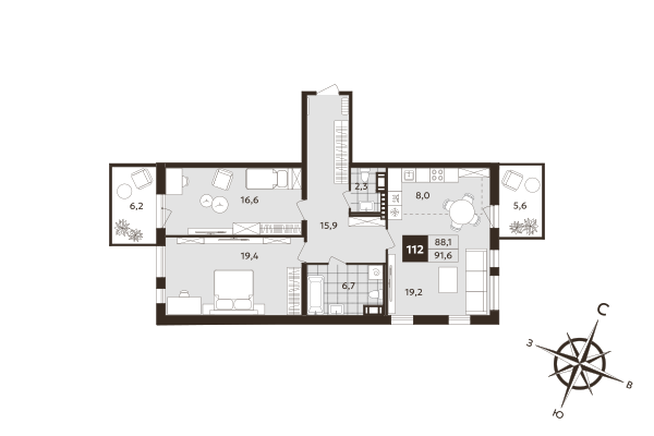 3 ккв (Евро) 88,1 м²