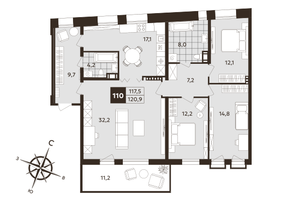 4 ккв (Евро) 117,5 м²