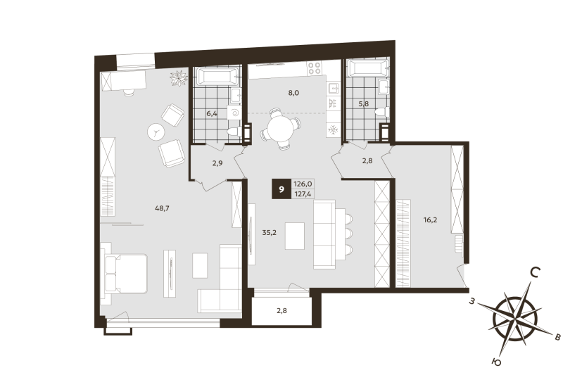 2 ккв (Евро) 126 м²