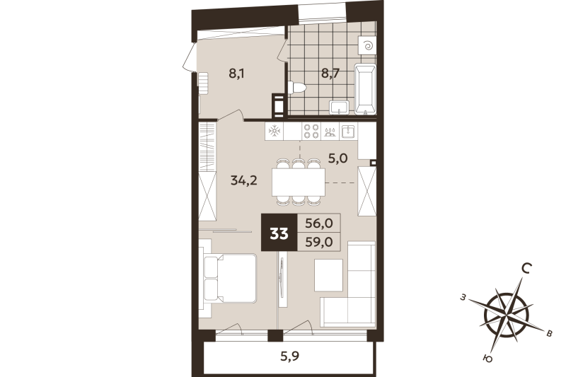 Студия 56 м²