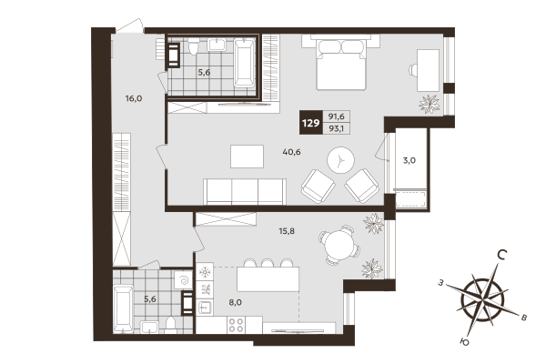 2 ккв (Евро) 91,6 м²