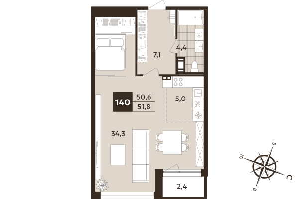 Студия 50,6 м²