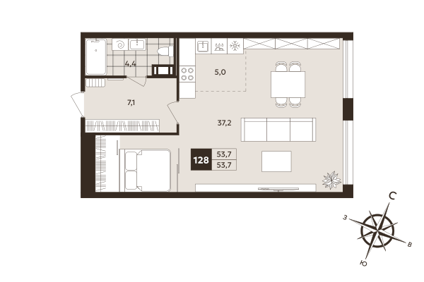 Студия 53,7 м²