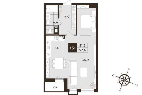 Студия 51,2 м²