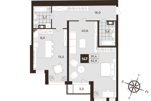2 ккв (Евро) 91,4 м²