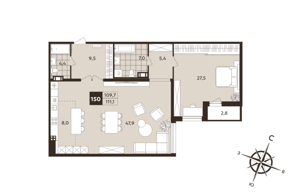 2 ккв (Евро) 109,7 м²
