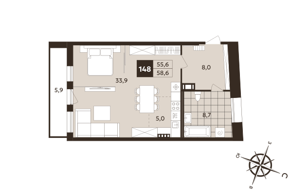 Студия 55,6 м²