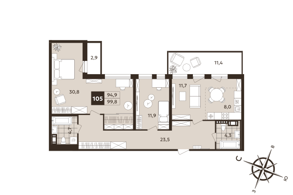 3 ккв (Евро) 94,9 м²