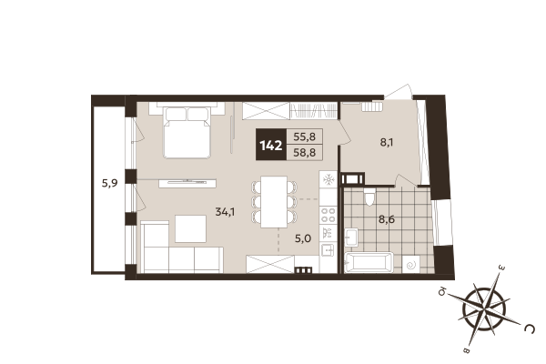 Студия 55,8 м²