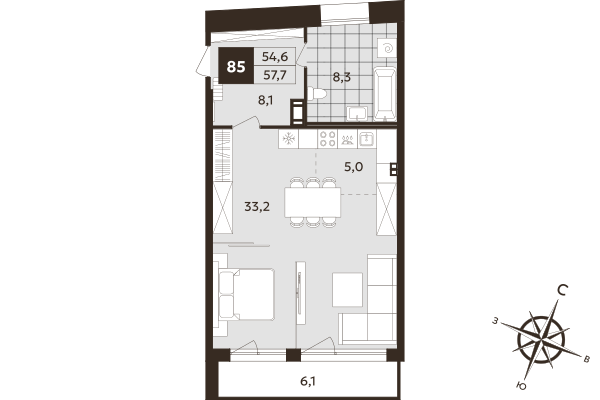 Студия 54,6 м²