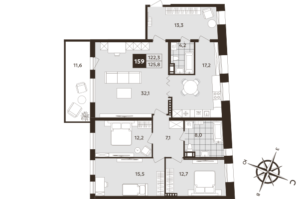 4 ккв (Евро) 122,3 м²