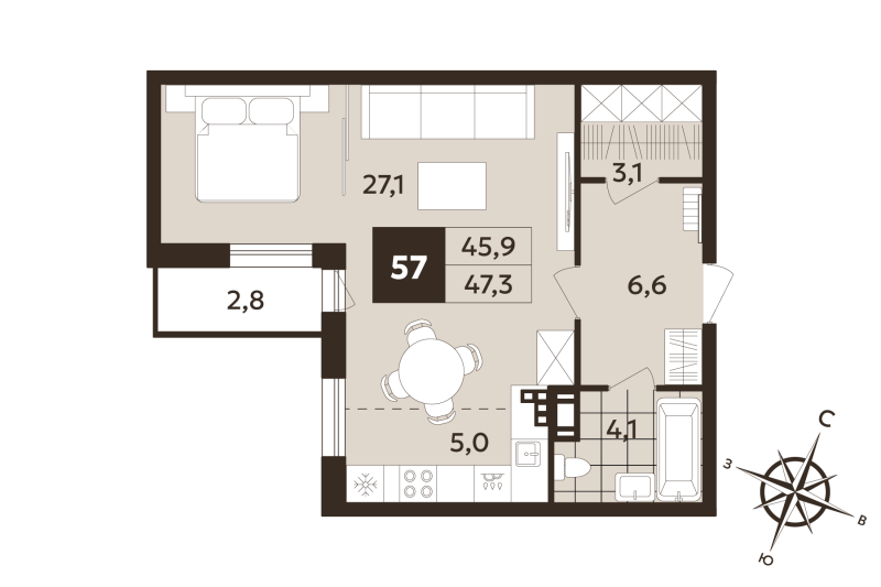 Студия 45,9 м²