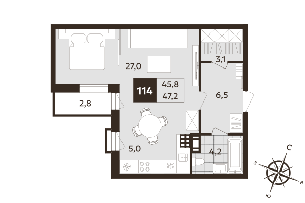 Студия 45,8 м²