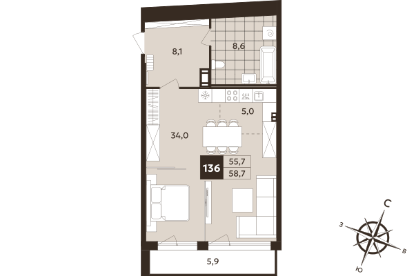 Студия 55,7 м²