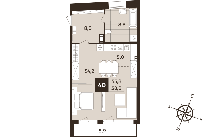 Студия 55,8 м²