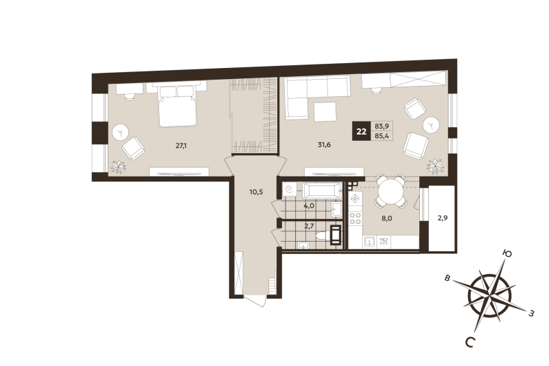 2 ккв (Евро) 83,9 м²