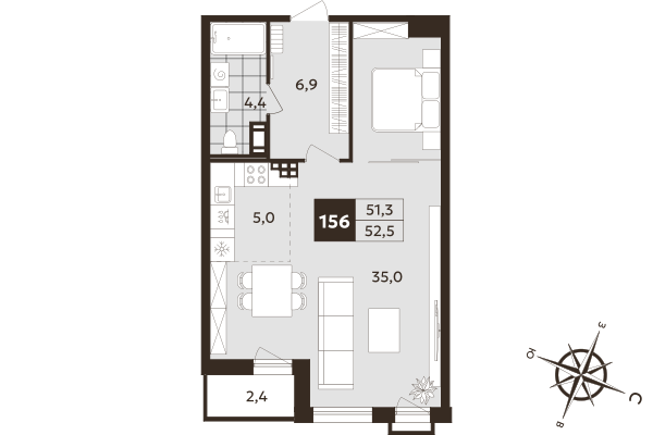 Студия 51,3 м²