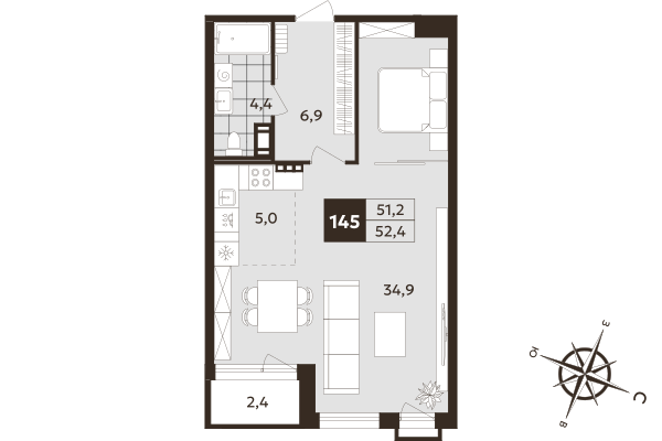 Студия 51,2 м²