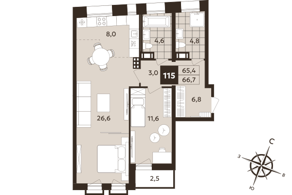 2 ккв (Евро) 65,4 м²