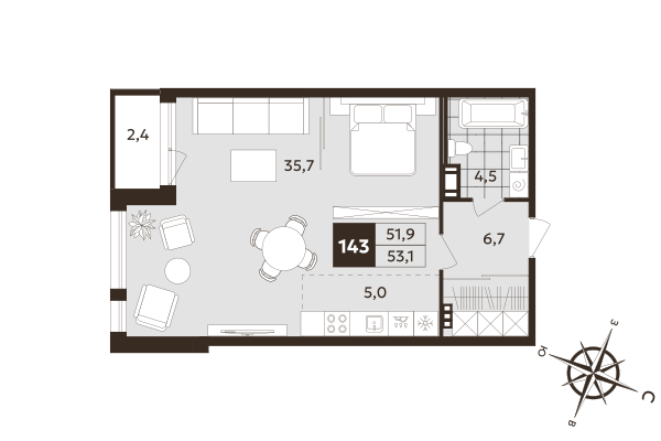 Студия 51,9 м²